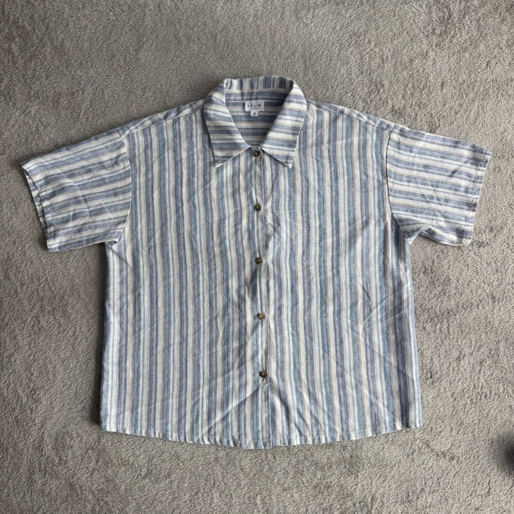 Le Lis Collection Cropped Camp Shirt Womens Medium Blue White Striped Button Up